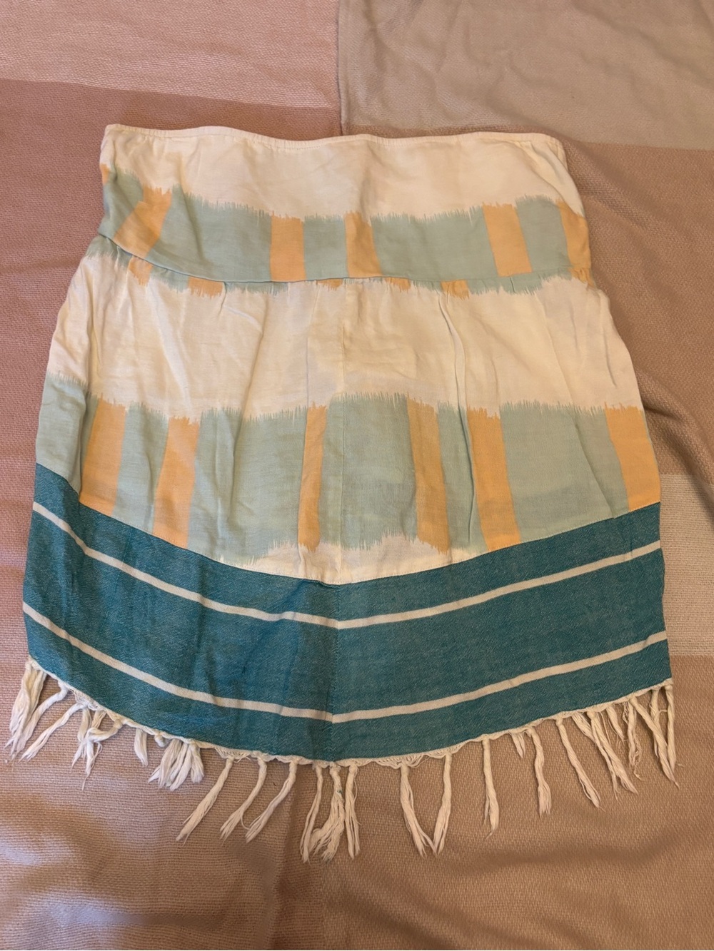 Striped Fringe Beach strapless shirt in Teal, Mint & Pale Yellow